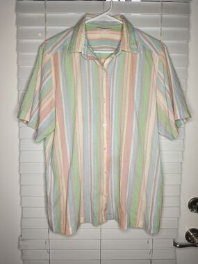 VTG Alfred Dunner Pastel Rainbow Striped Button Up Shirt Women's Size 14 USA